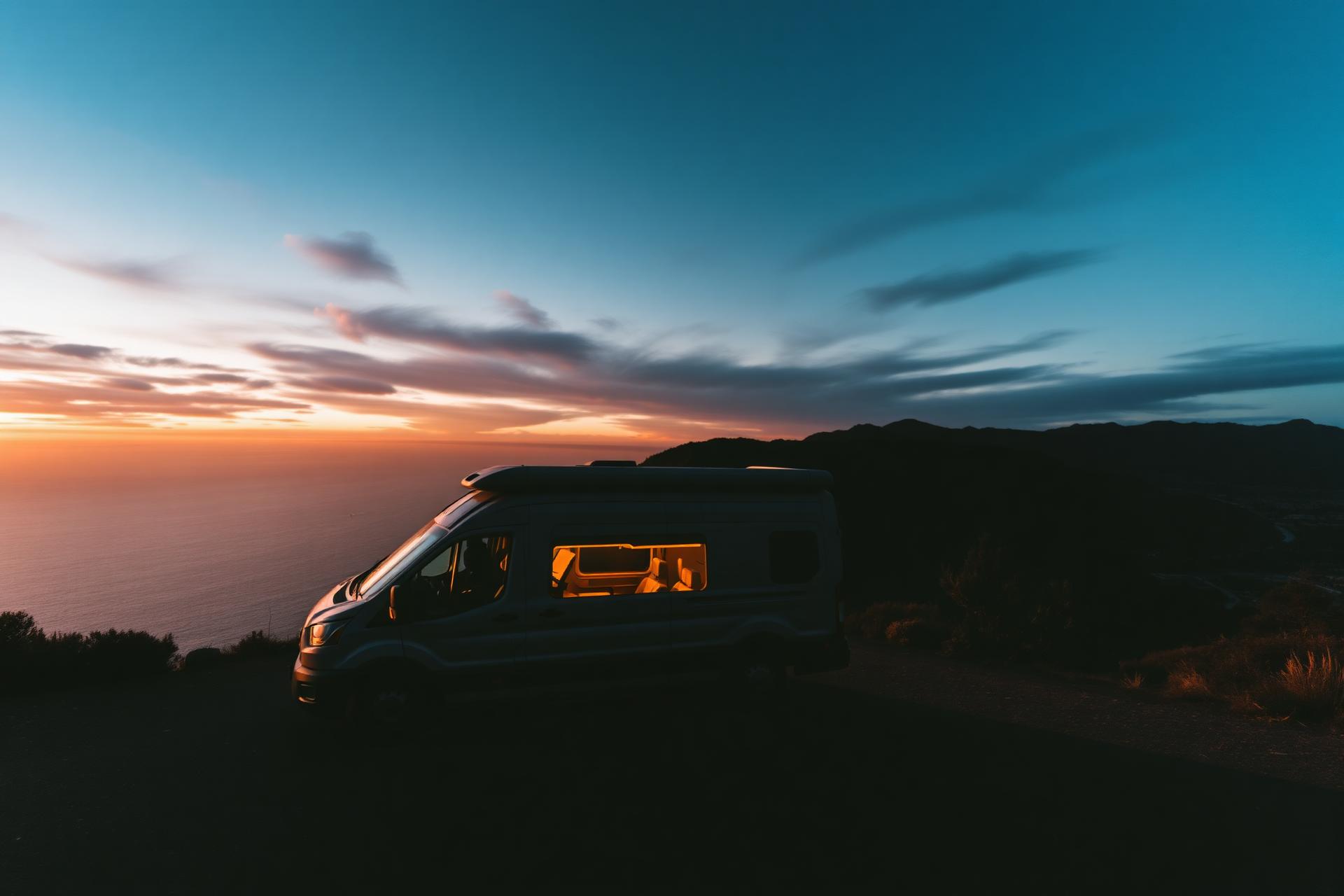 Camper van al atardecer en la costa